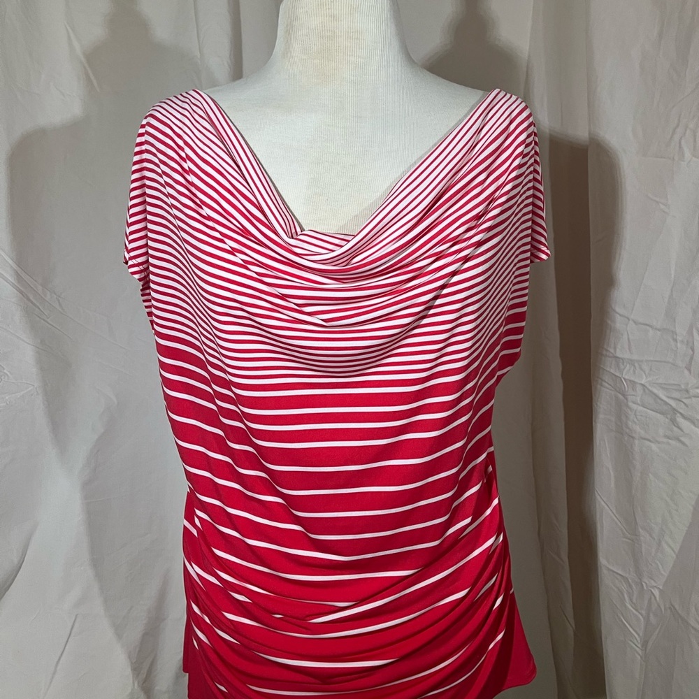 New York & Company Red and White Striped Drape Front Dolman Top
